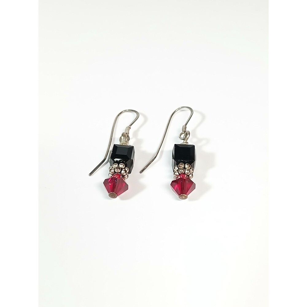 Sterling Silver Black Red Crystal Bead Dangle Earrings - Picture 7 of 16
